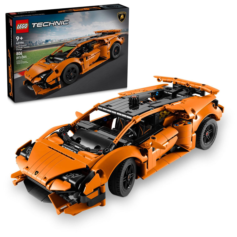 LEGO Technic Lamborghini Huracan Tecnica orange front view for display and play.