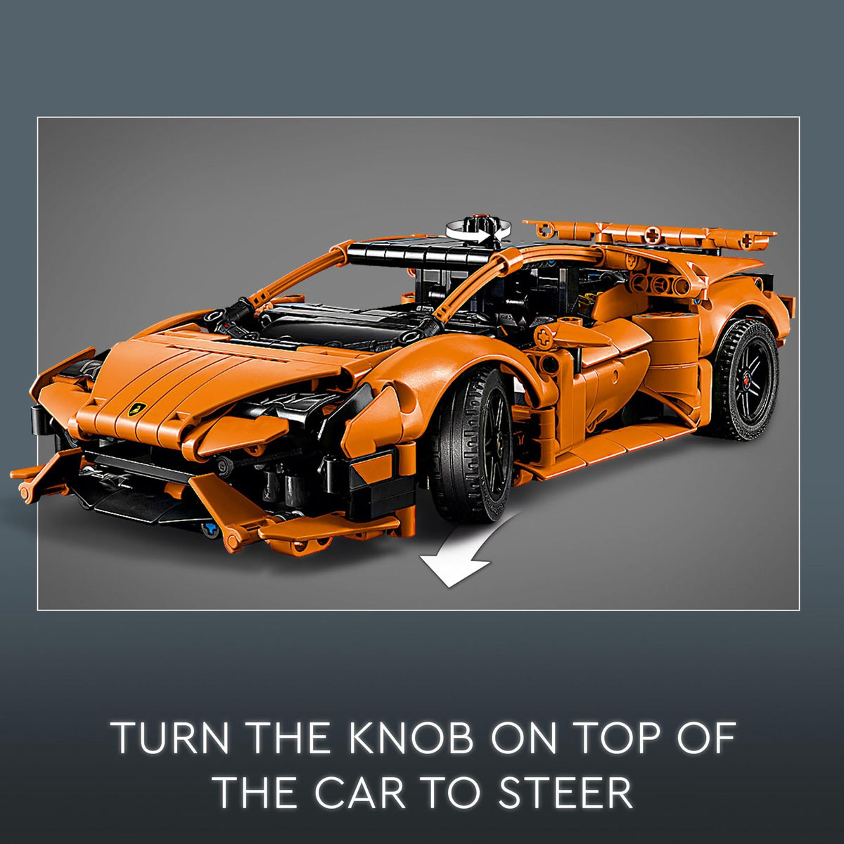 LEGO Technic Lamborghini Huracan Tecnica orange steering mechanism for realistic control.