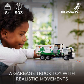 LEGO Technic Mack LR cab doors opening to reveal the driver's seat during imaginative play.