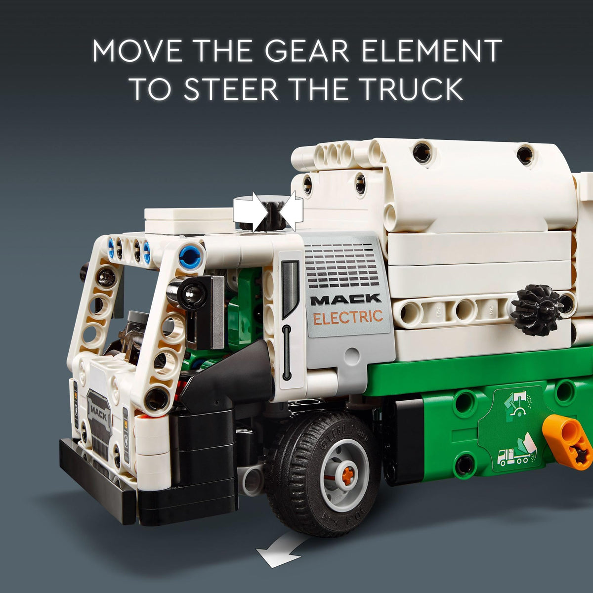 LEGO Technic Mack LR truck in motion shows steering and positioning during pretend missions.