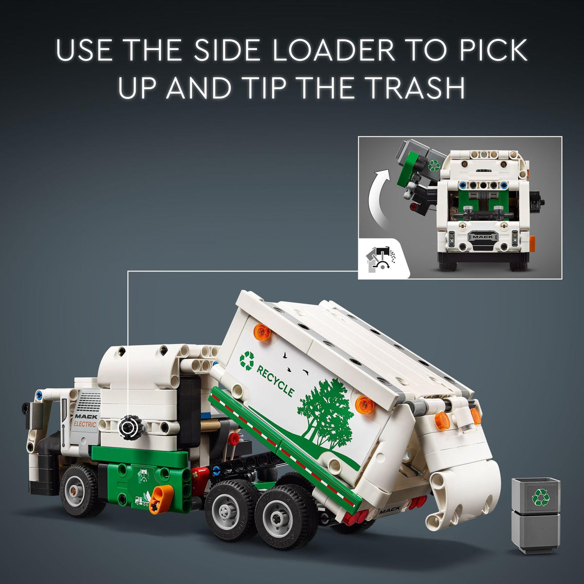 LEGO Technic Mack LR side loader lifting cans for realistic cleanup storytelling.