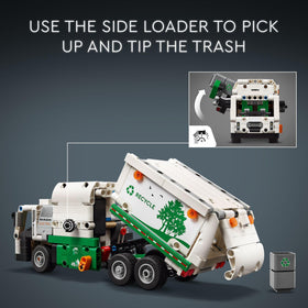 LEGO Technic Mack LR side loader lifting cans for realistic cleanup storytelling.