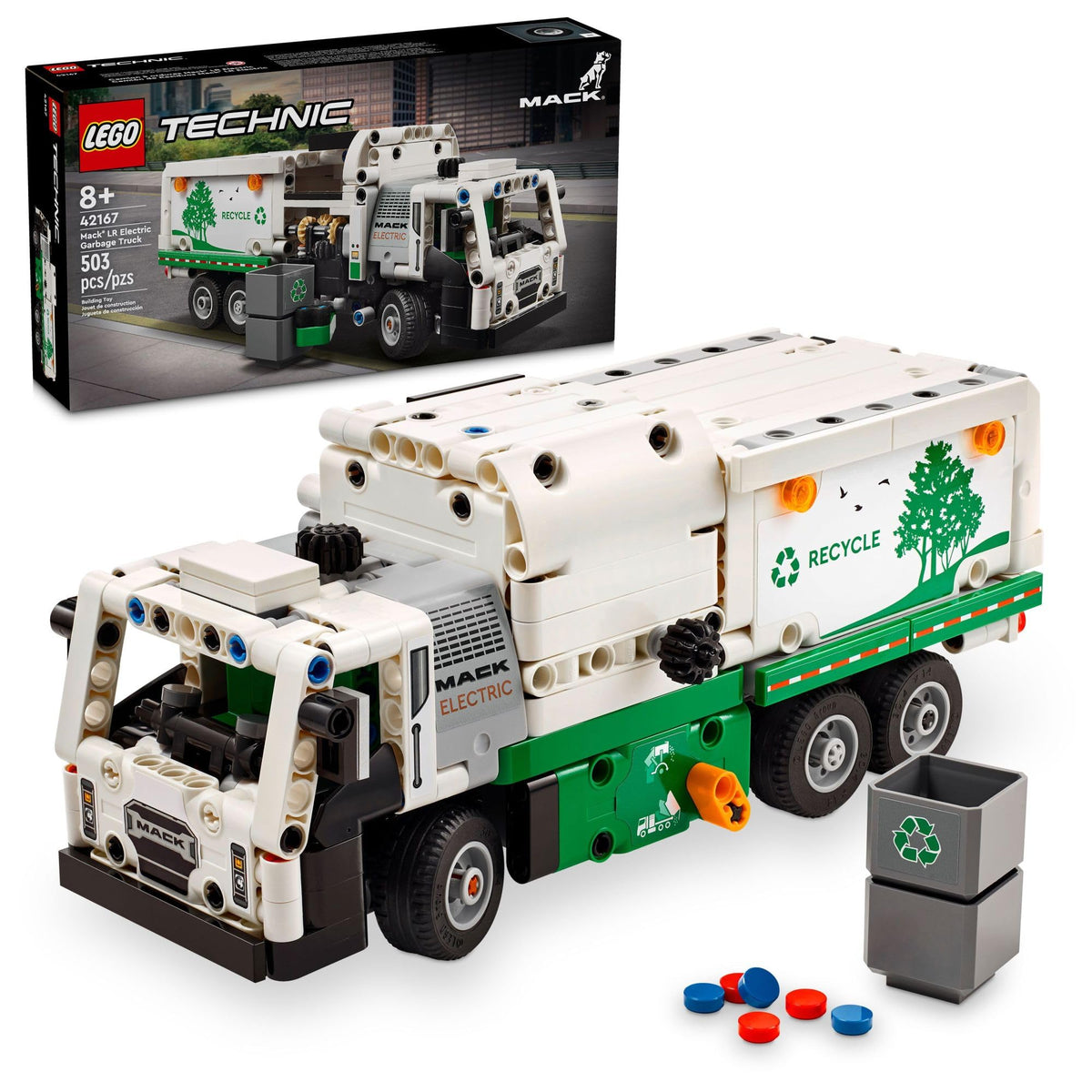 LEGO Technic Mack LR electric garbage truck side-loader in action for pretend recycling play.