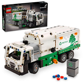 LEGO Technic Mack LR electric garbage truck side-loader in action for pretend recycling play.
