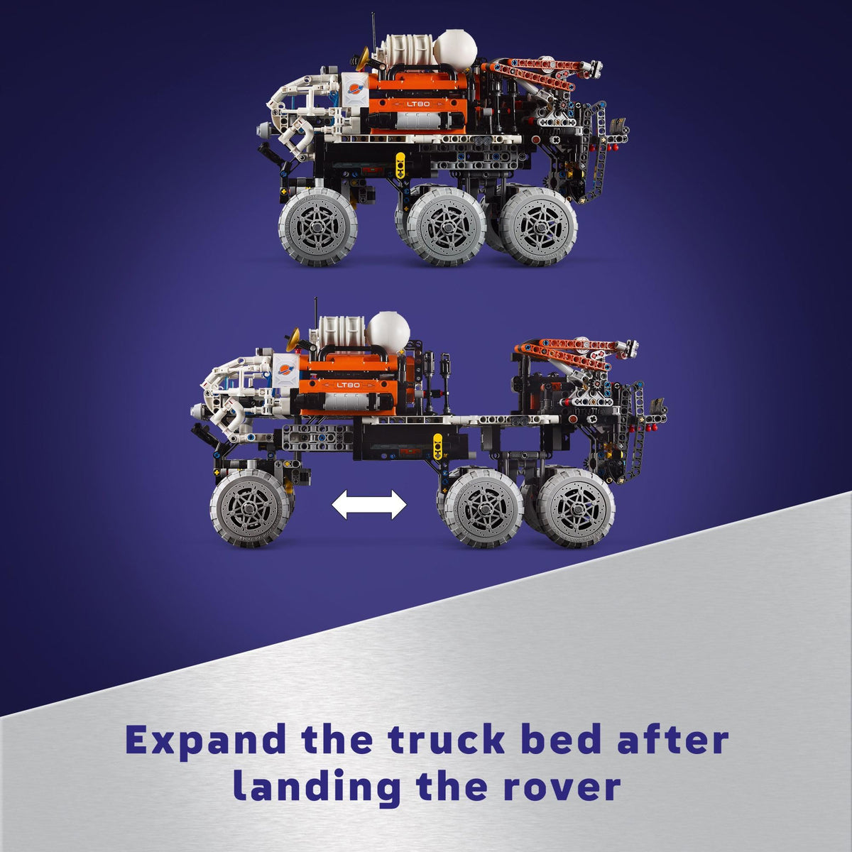 LEGO Technic Mars Crew Exploration Rover crane lift demonstrates tool retrieval
