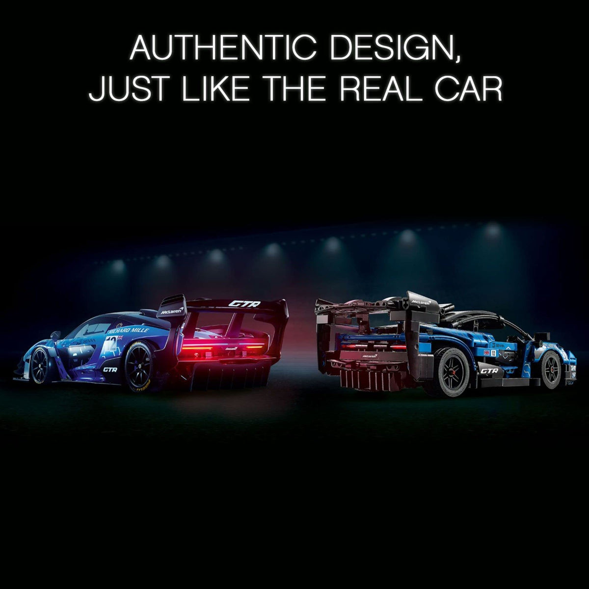 LEGO Technic McLaren Senna GTR rear view with graphics and color accuracy