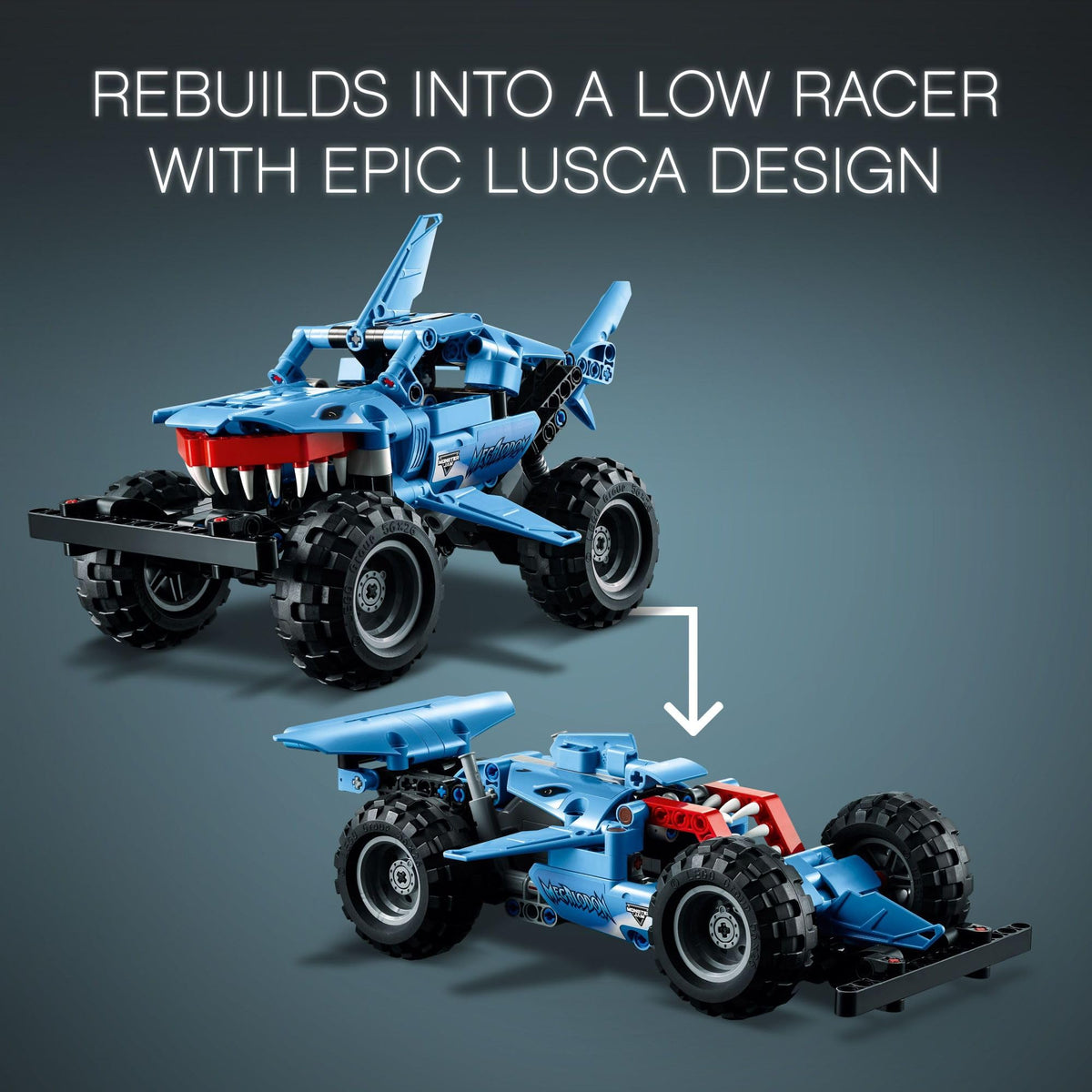 LEGO Technic Megalodon Lusca Low Racer rebuild shows 2-in-1 race play.