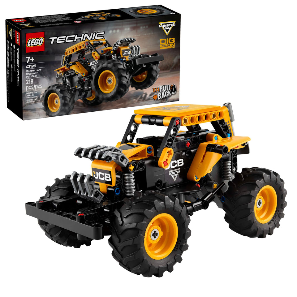 LEGO Technic Monster Jam DIGATRON front view highlights rugged tires for dynamic play.