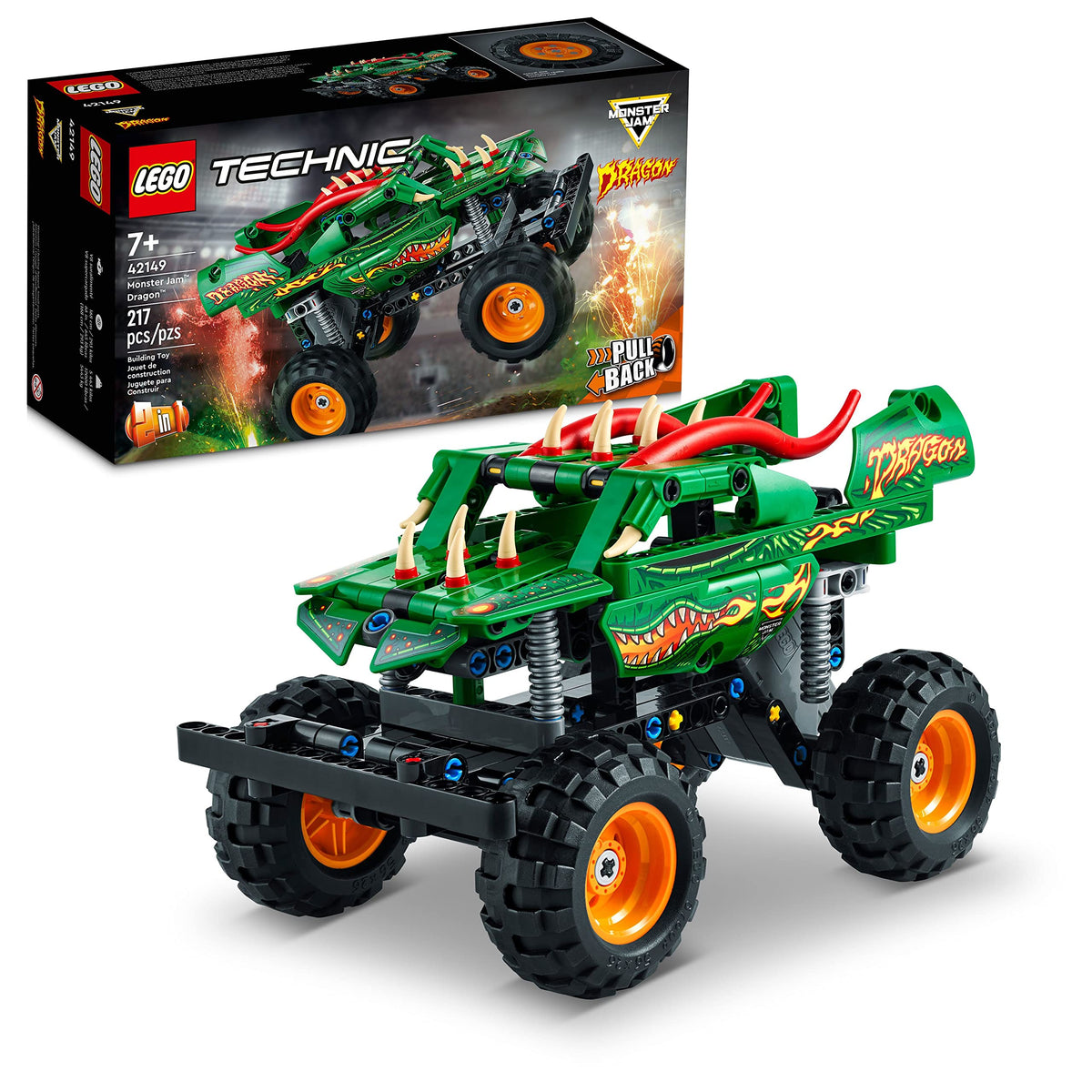 LEGO Technic Monster Jam Dragon Truck with pull-back action for fast play.