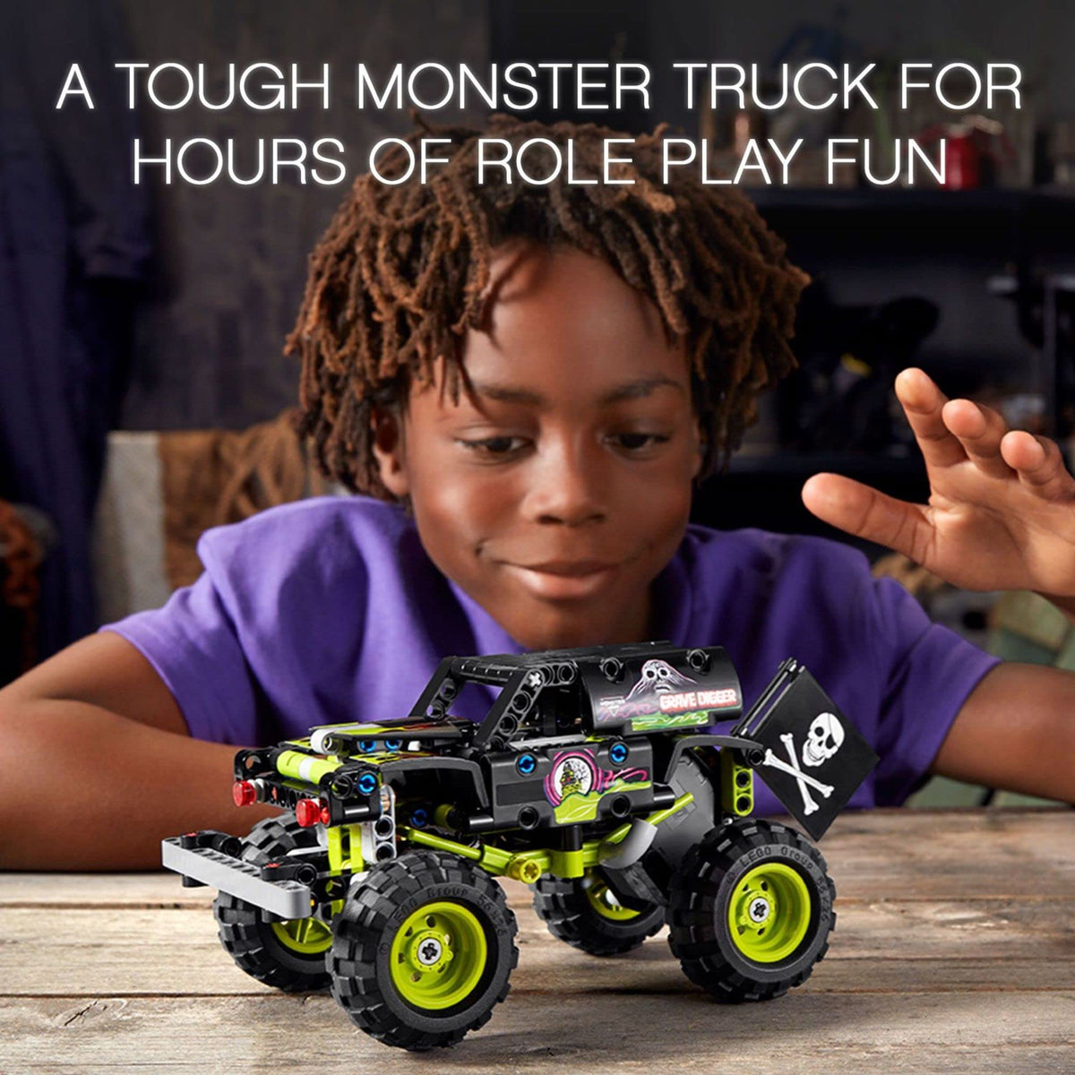 Red headlights on Grave Digger 42118 add realism during play