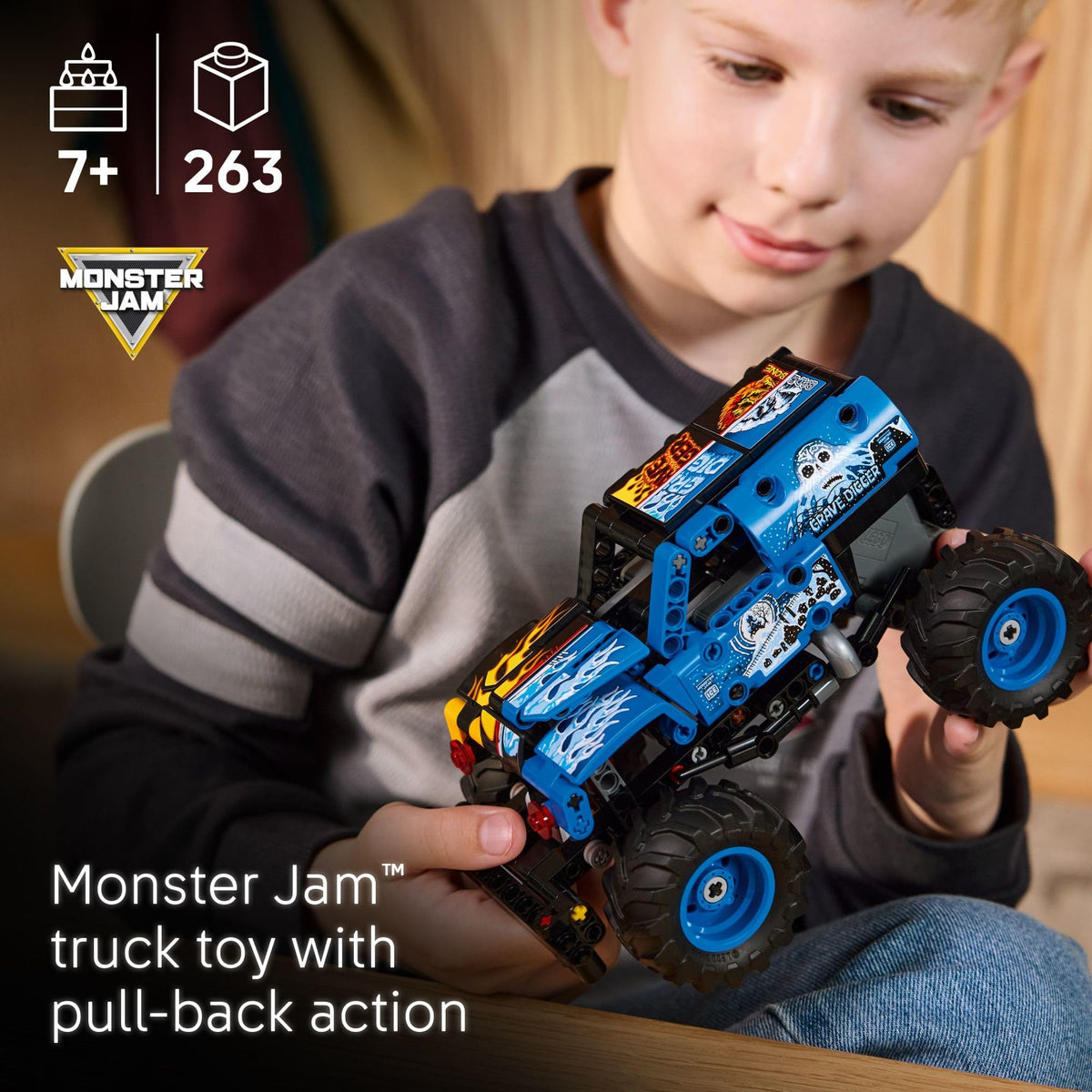LEGO Technic Grave Digger Fire and Ice side design with flames and ice details for authentic detailing