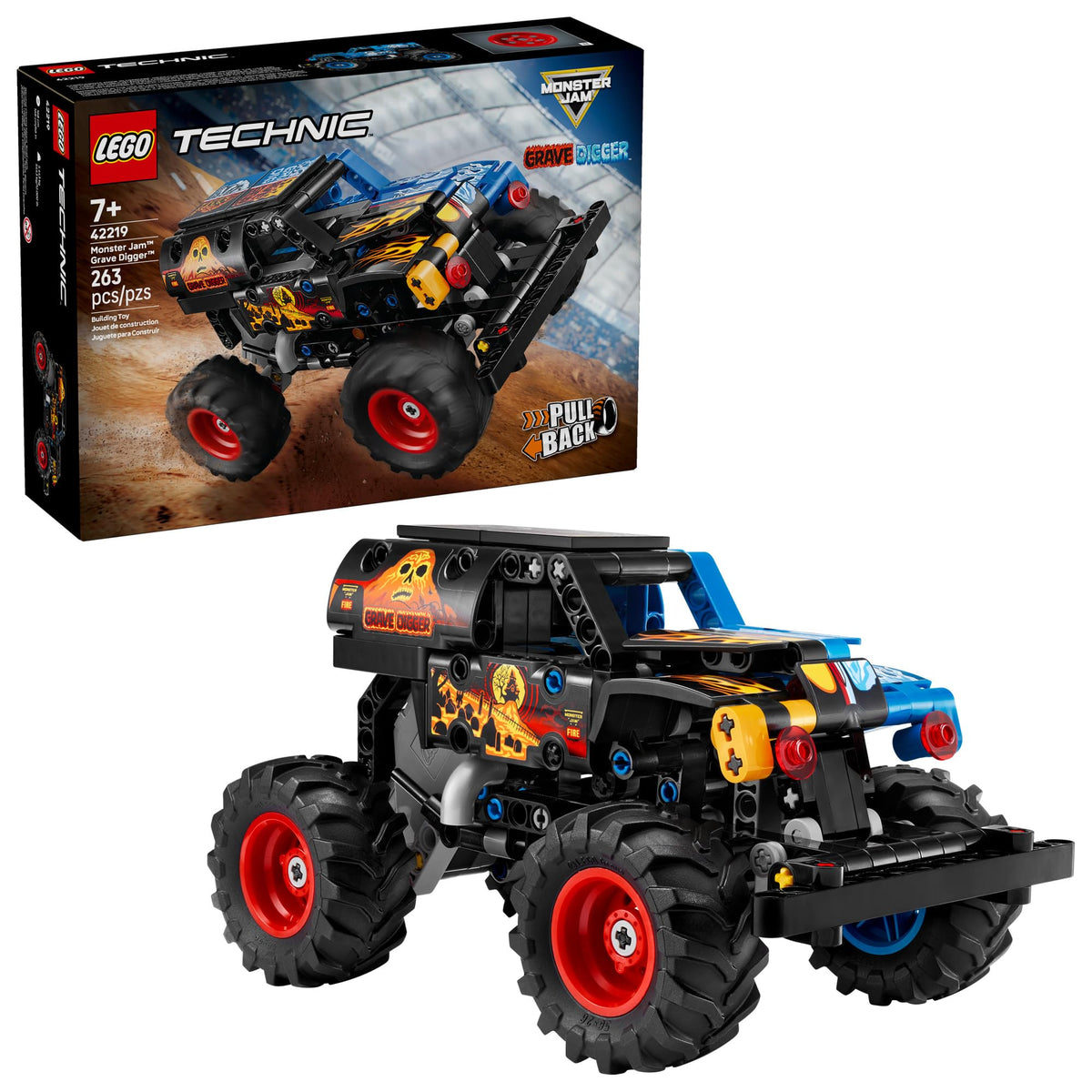 LEGO Technic Grave Digger Fire and Ice truck front view for dynamic play and display