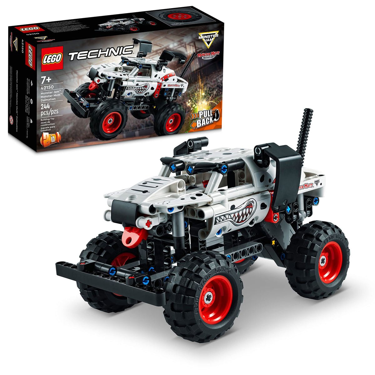 LEGO Technic Monster Jam Monster Mutt Dalmatian pull-back truck ideal for fast racing play.