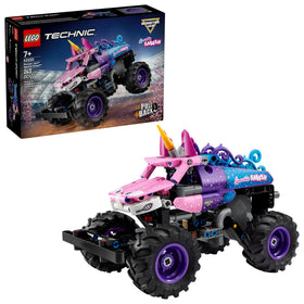 LEGO Technic Sparkle Smash pull-back truck with sparkling stars and unicorn horn for authentic look.
