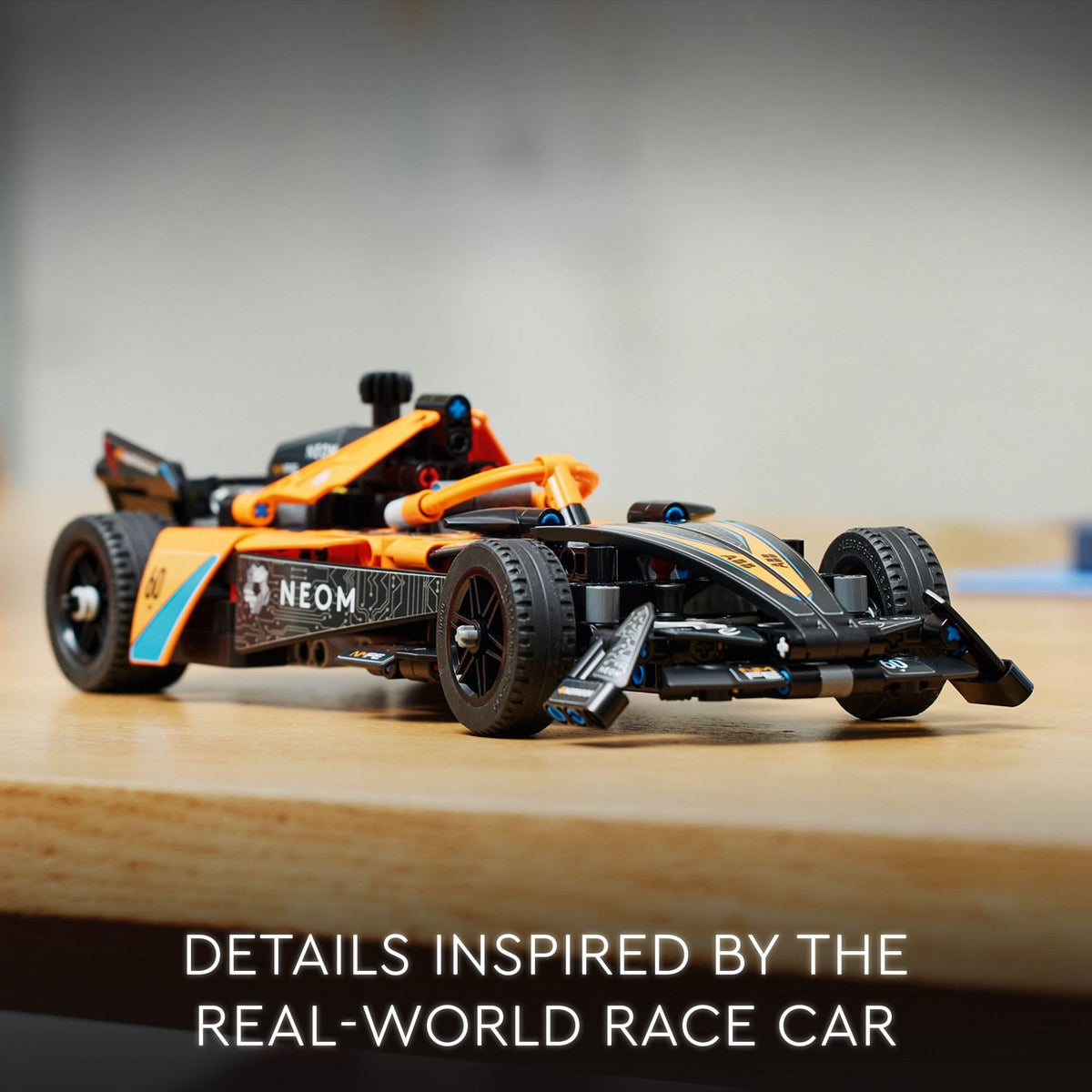 LEGO Technic NEOM McLaren Formula E model on table after a rewarding build