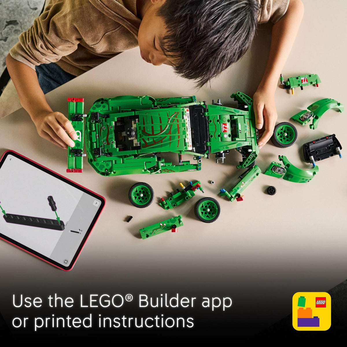 LEGO Technic Porsche 911 GT3 R Rexy AO racing car dinosaur graphics showcase.