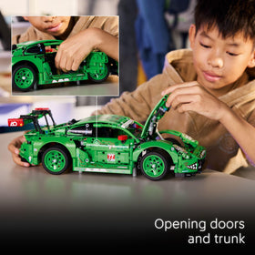 LEGO Technic Porsche 911 GT3 R Rexy AO racing car opening doors and trunk play feature.