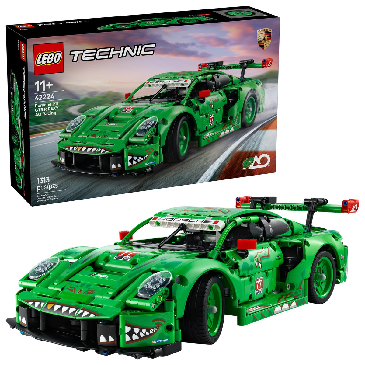 LEGO Technic Porsche 911 GT3 R Rexy AO racing car front view highlights authentic scale details.