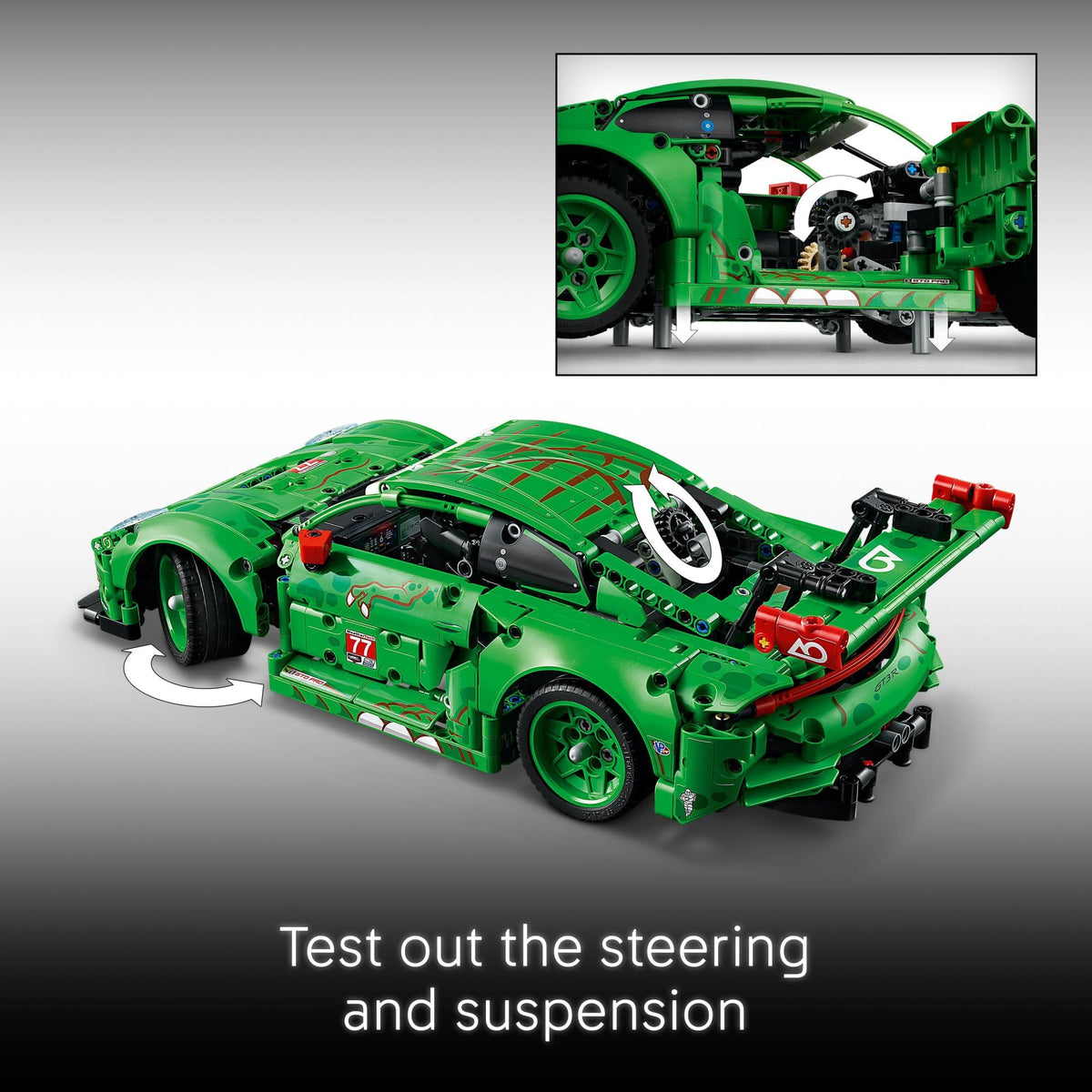 LEGO Technic Porsche 911 GT3 R Rexy AO racing car suspension wheels in action.