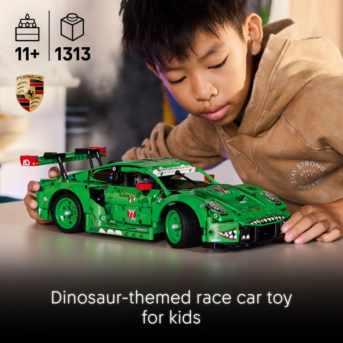 LEGO Technic Porsche 911 GT3 R Rexy AO racing car top steering knob close-up for interactive control.