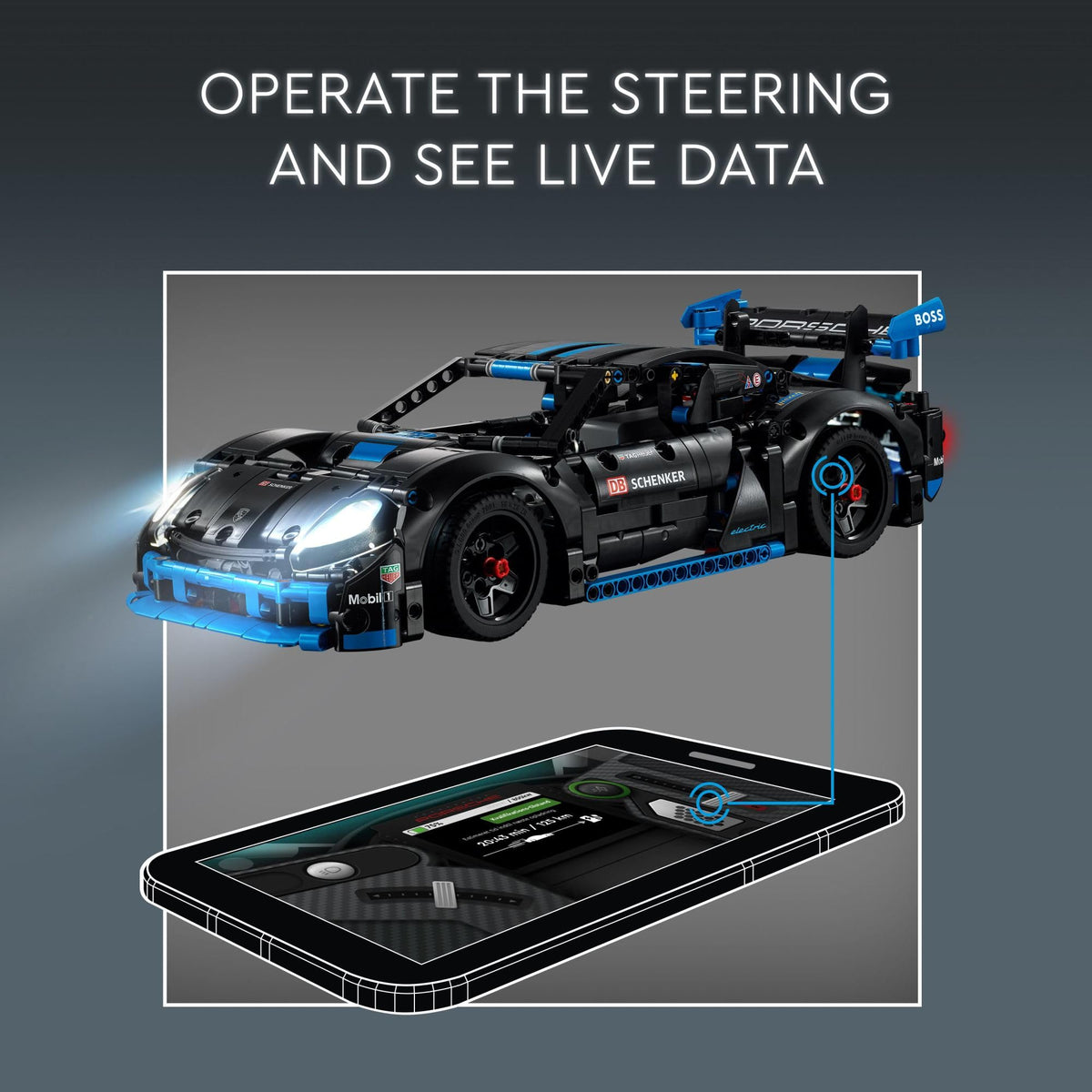 Working lights on the LEGO Technic Porsche GT4 e-Performance for dramatic display