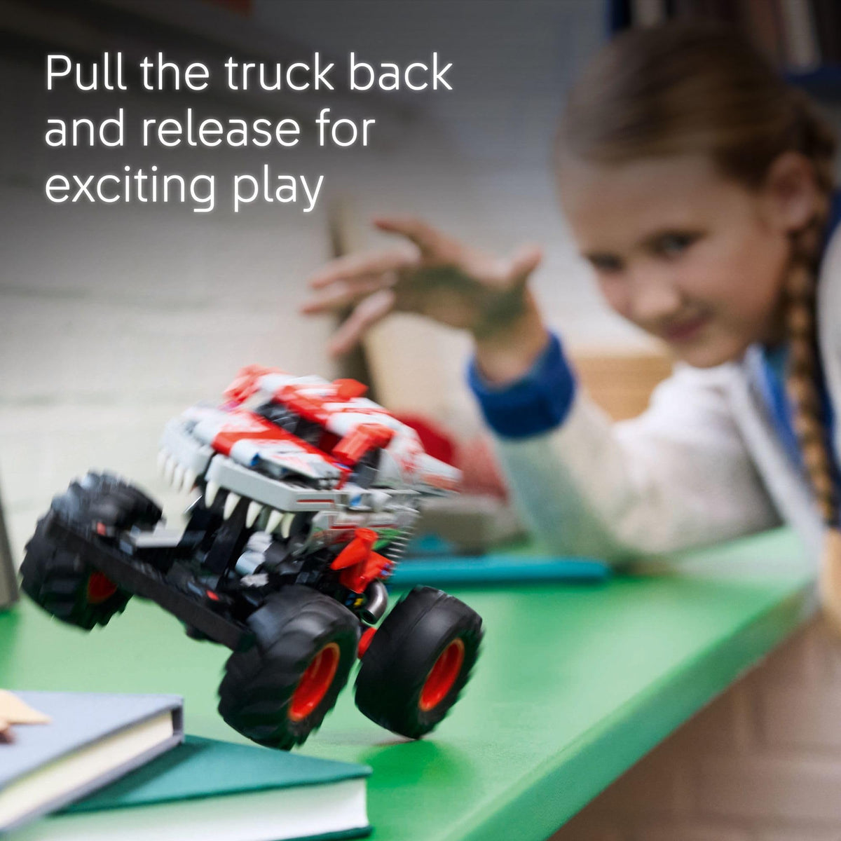 LEGO Technic ThunderROARus pull-back truck side detail highlighting realistic monster features