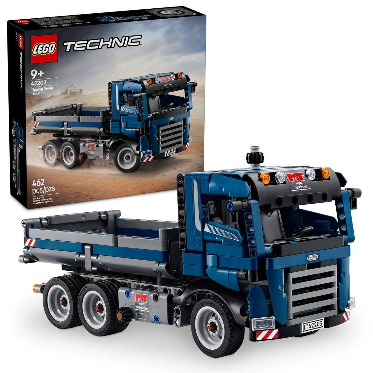 LEGO Technic tipping dump truck side view shows sturdy build and realistic movement for imaginative play.