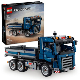 LEGO Technic tipping dump truck side view shows sturdy build and realistic movement for imaginative play.