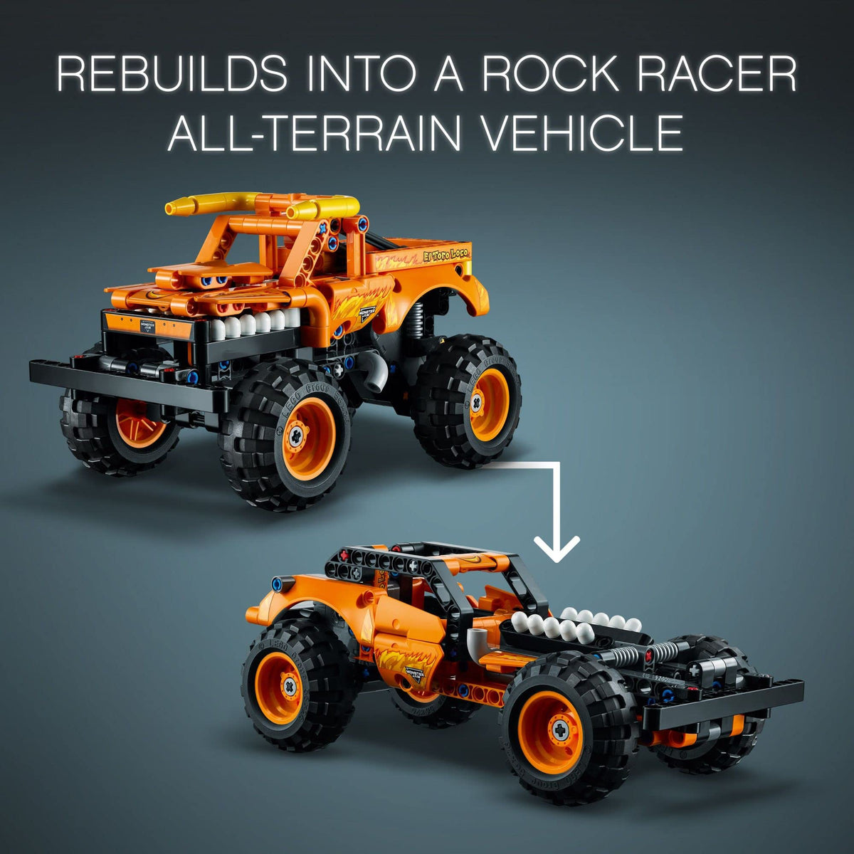 El Toro Loco fire graphics on the LEGO model enhance realism