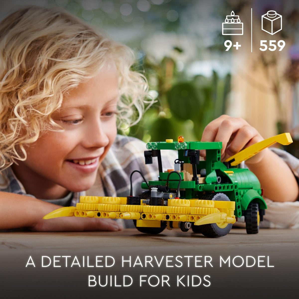 LEGO Technic John Deere 9700 header raise and lower mechanism for dynamic harvesting pretend play.