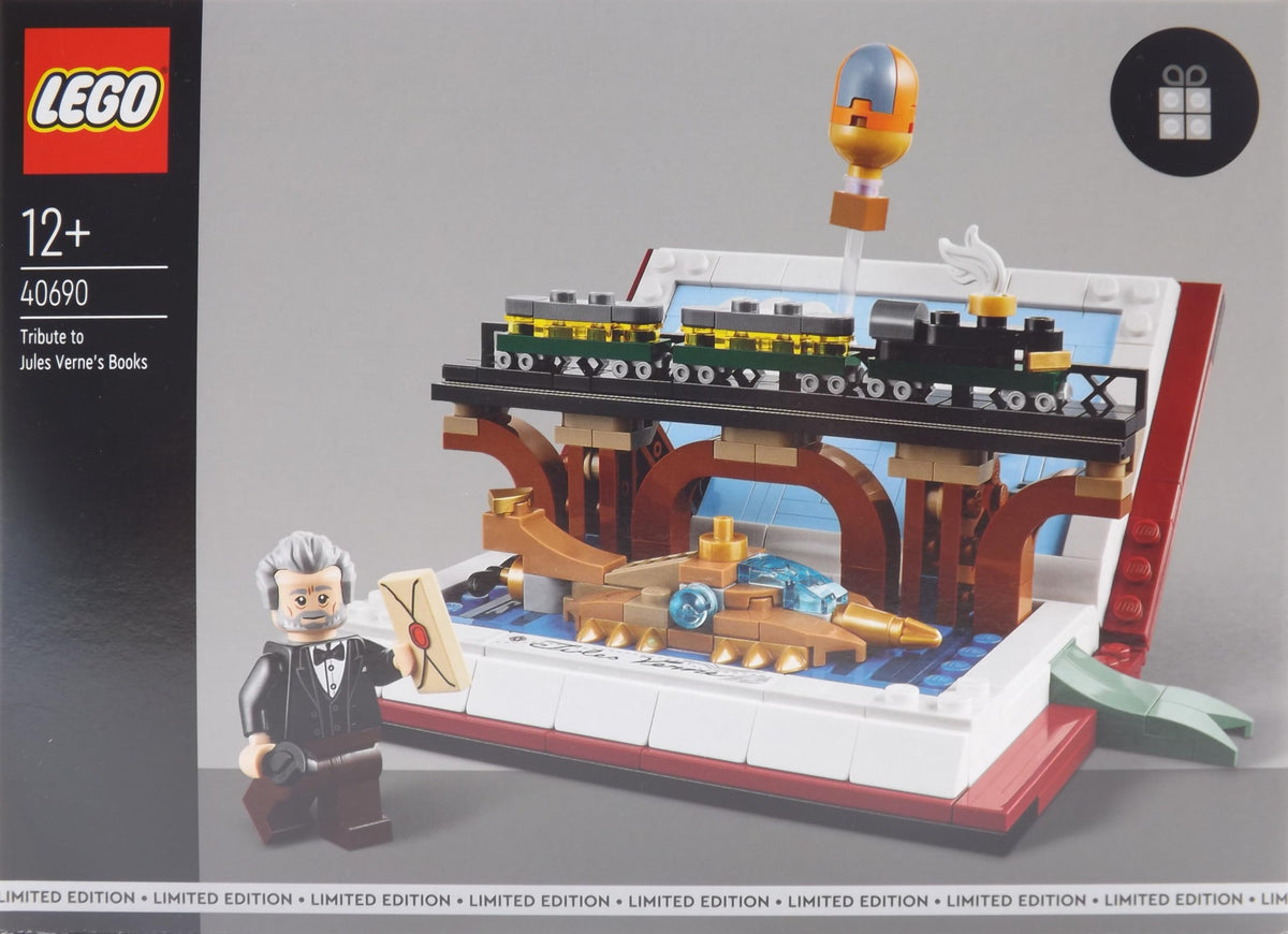 LEGO Jules Verne tribute book set 40690 open display showing submarine and balloon scenes for shelf display