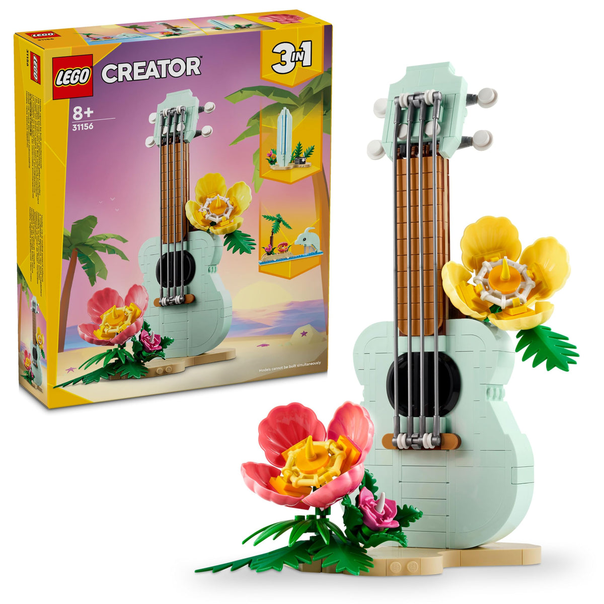 LEGO Tropical Ukulele instrument on a sunny beach display for imaginative play