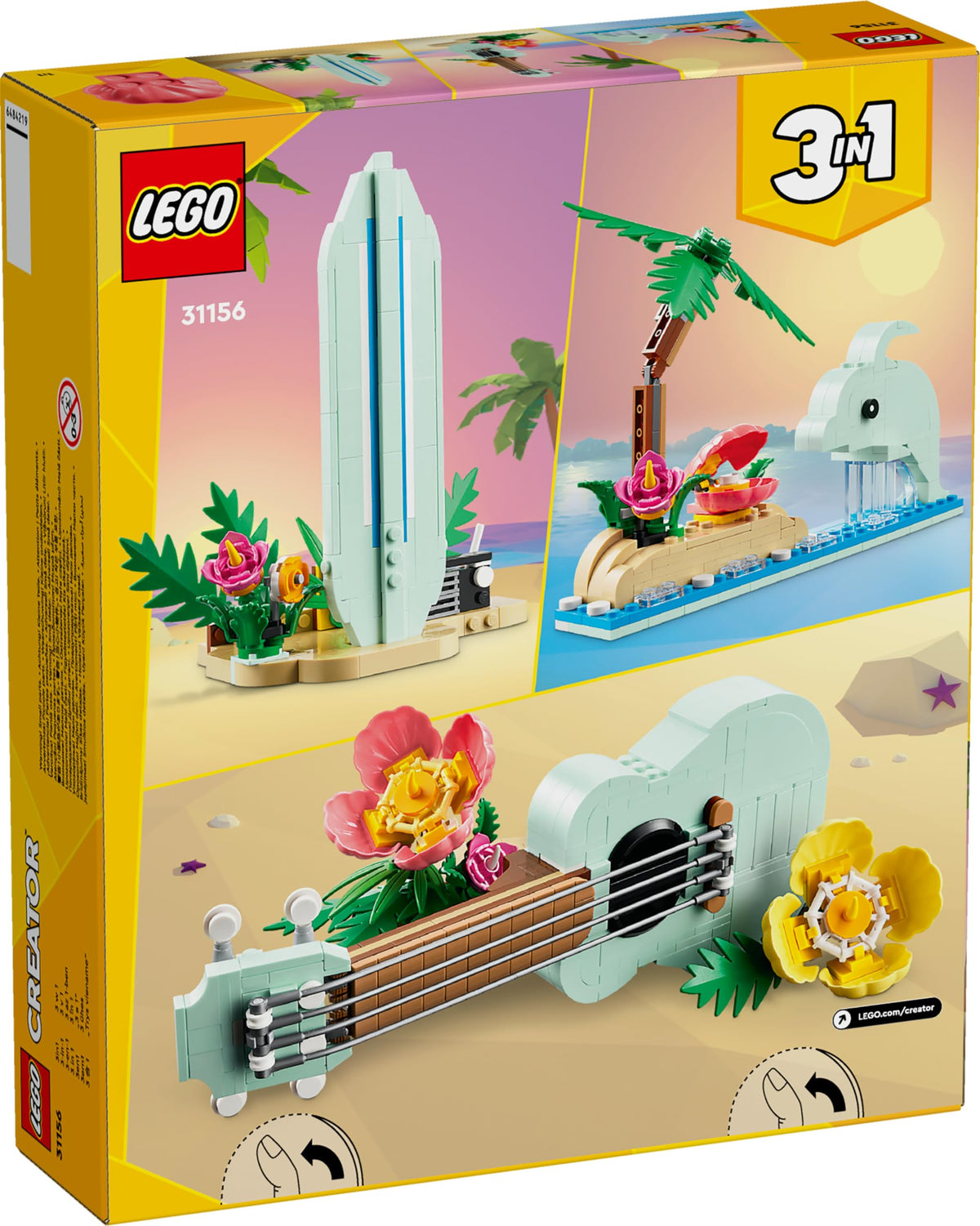 LEGO Tropical Ukulele surfboard with flowers and radio on a beach stand