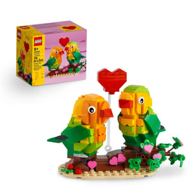 LEGO Valentine Lovebirds on a branch with pink hearts and flowers, ideal romance display