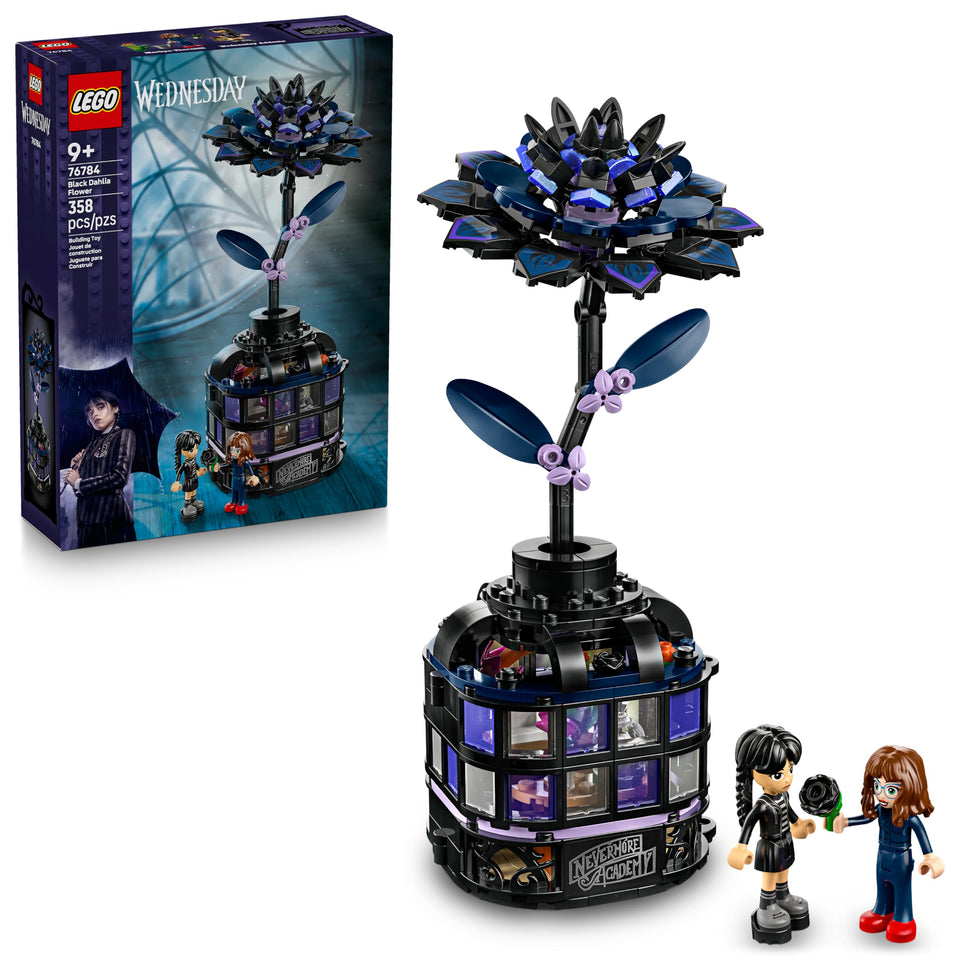LEGO Wednesday Black Dahlia Flower display in a miniature greenhouse vase for shelf decor