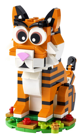 LEGO The Year of The Tiger tiger figure close-up highlights vibrant colors for display.