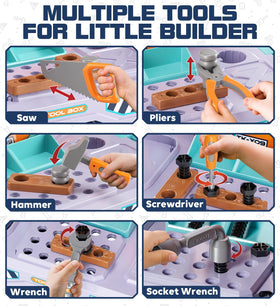 Lehoo Castle 2-in-1 workbench and toolbox emphasizes organized play and pretend projects.