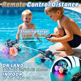 Lehoo Castle RC Car in battle mode spraying water for outdoor battles.