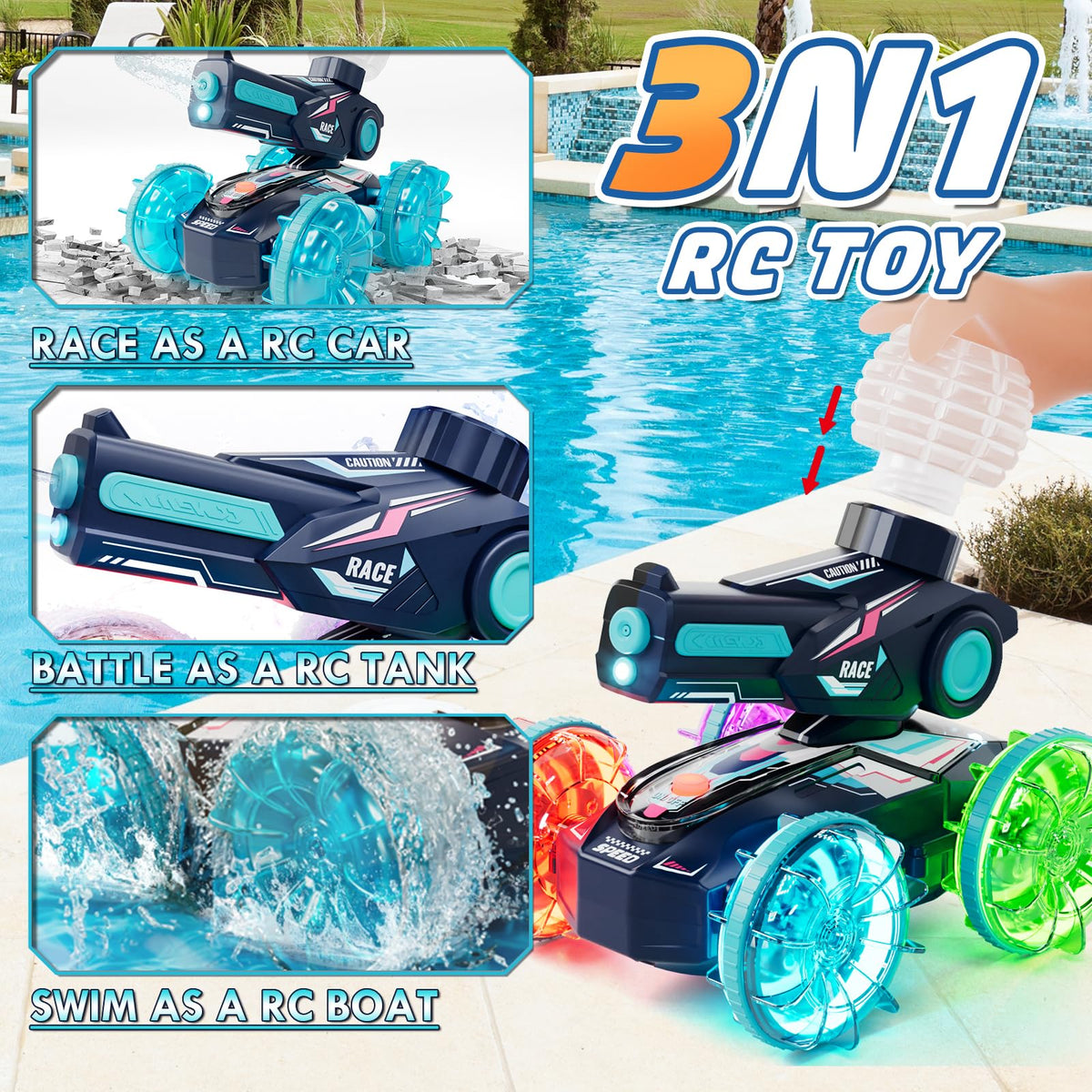 Lehoo Castle Amphibious RC Car gliding on water for pool fun.