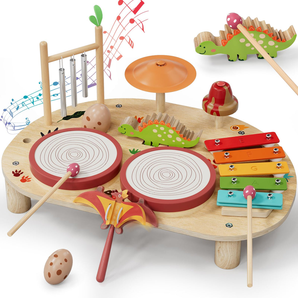 Lehoo Castle baby drum set on a wooden table for toddler rhythm exploration