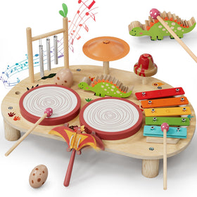 Lehoo Castle baby drum set on a wooden table for toddler rhythm exploration