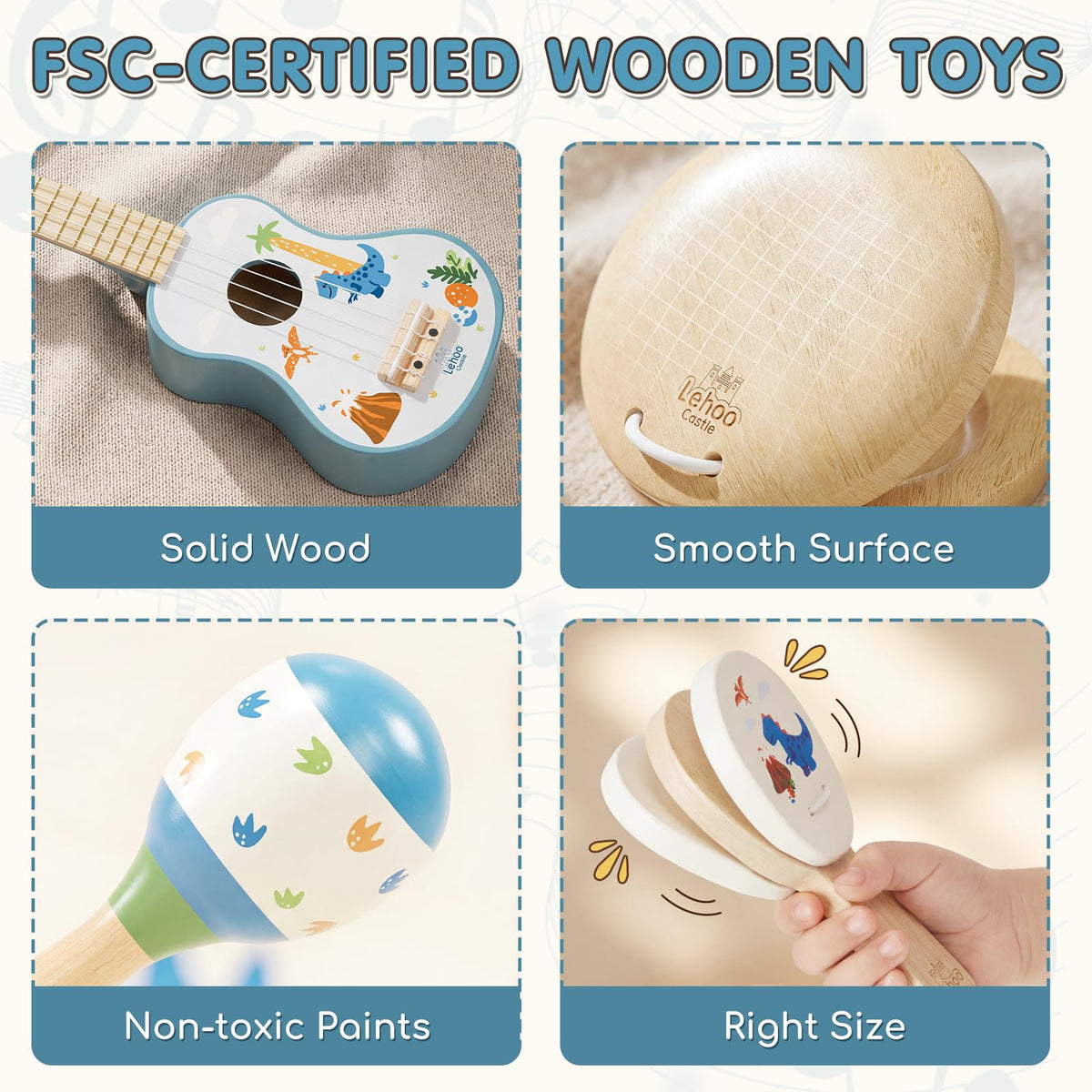 Lehoo Castle dinosaur guitar castanets—durable wood for active play.