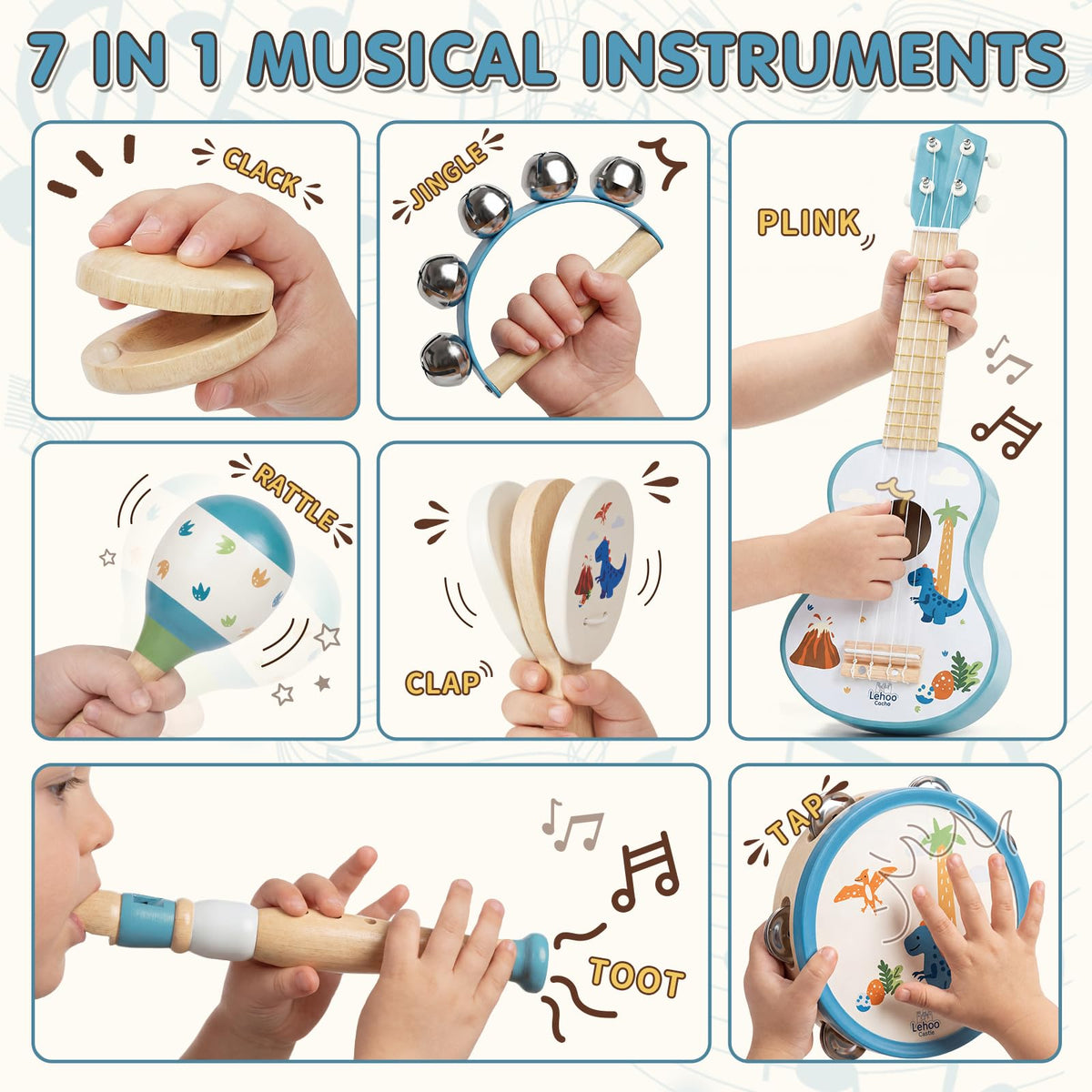 Lehoo Castle dinosaur guitar tambourine—gentle shake for rhythm exploration.