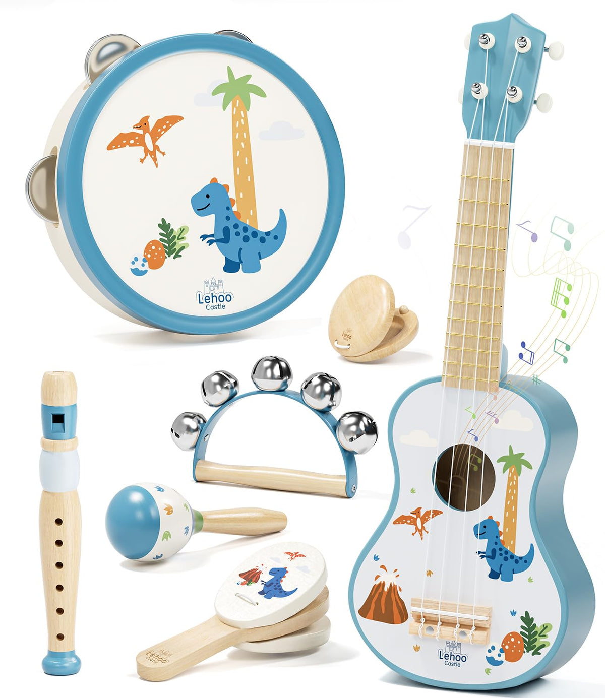 Lehoo Castle dinosaur guitar ukulele for toddlers—easy grip and playful learning.