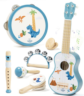 Lehoo Castle dinosaur guitar ukulele for toddlers—easy grip and playful learning.