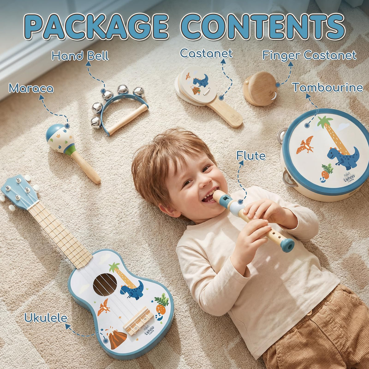 Lehoo Castle dinosaur guitar wooden frame—Montessori-inspired, safe for toddlers.