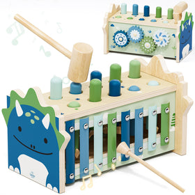 Lehoo Castle dinosaur hammering bench promotes fine motor skill development.