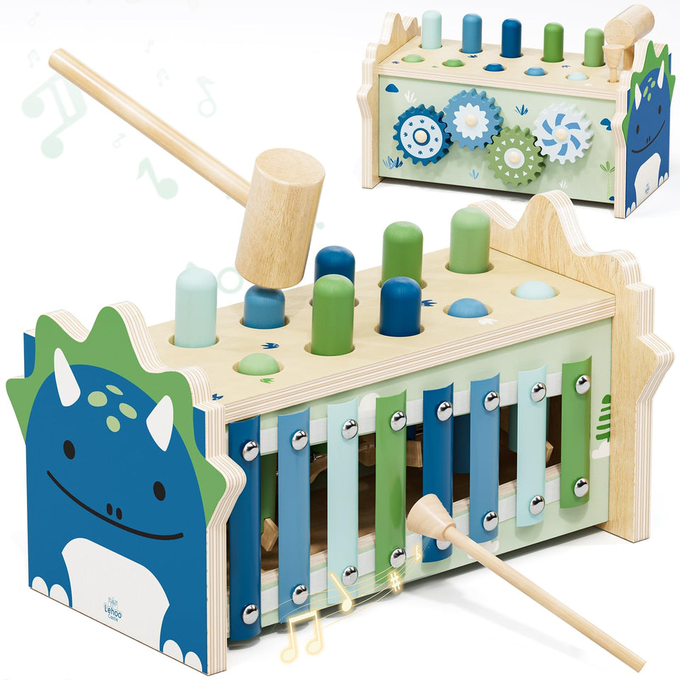 Lehoo Castle dinosaur hammering bench promotes fine motor skill development.