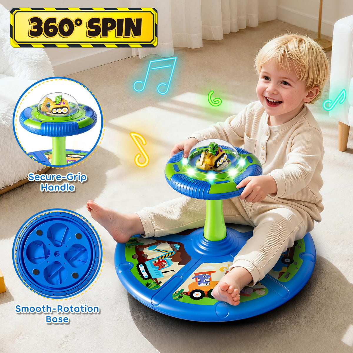 Dinosaur Sit and Spin lights illuminate during toddler spins for added fun