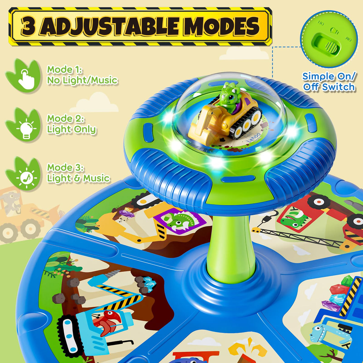 Dinosaur Sit and Spin with music provides cheerful cues for play